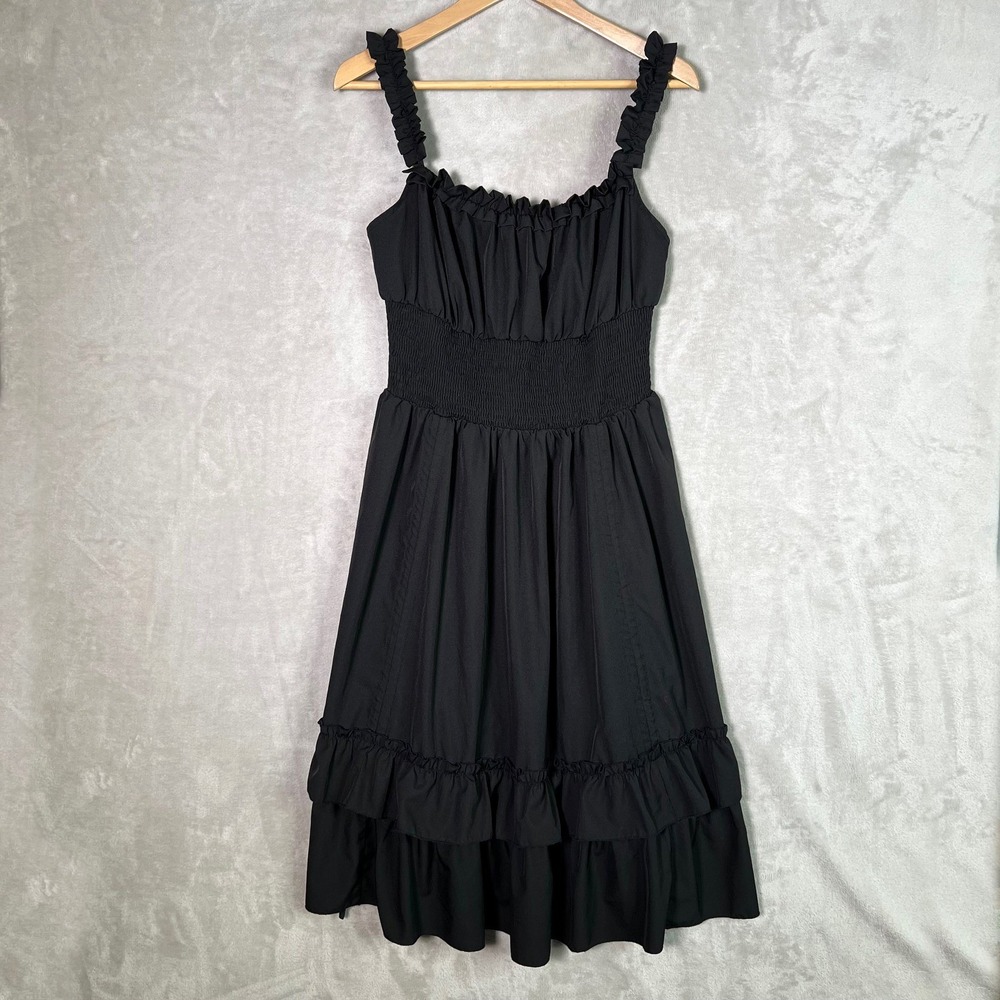 Scarlet Darkness Black Goth Cottagecore Smocked Ruffle Strap Midi Dress L